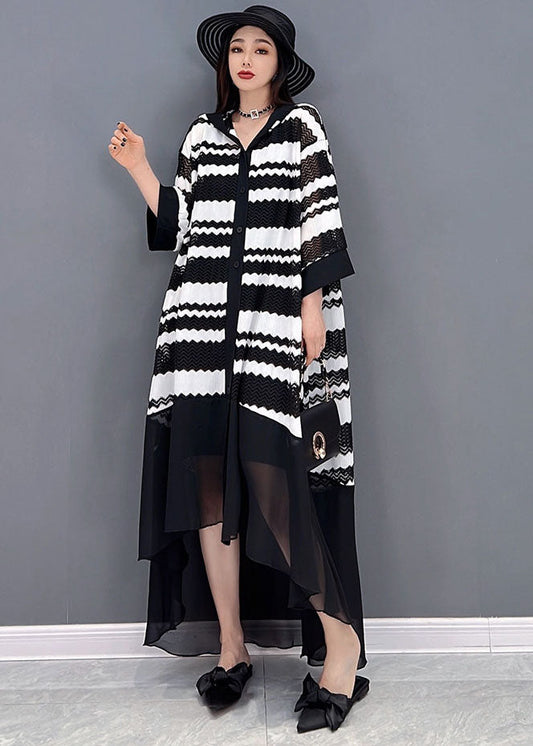 Loose Black Hooded Striped Print Low High Design Tulle Vacation Upf 50+ Dresses Bracelet Sleeve