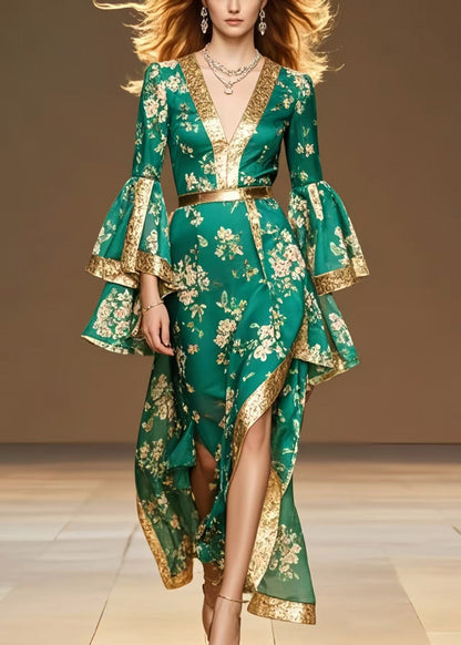 French Green Asymmetrical Print Chiffon Vacation Dresses Flare Sleeve