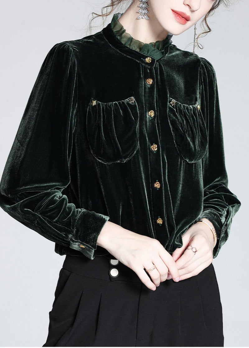 Blackish Green Stand Collar Button Silk Velour Shirt Long Sleeve