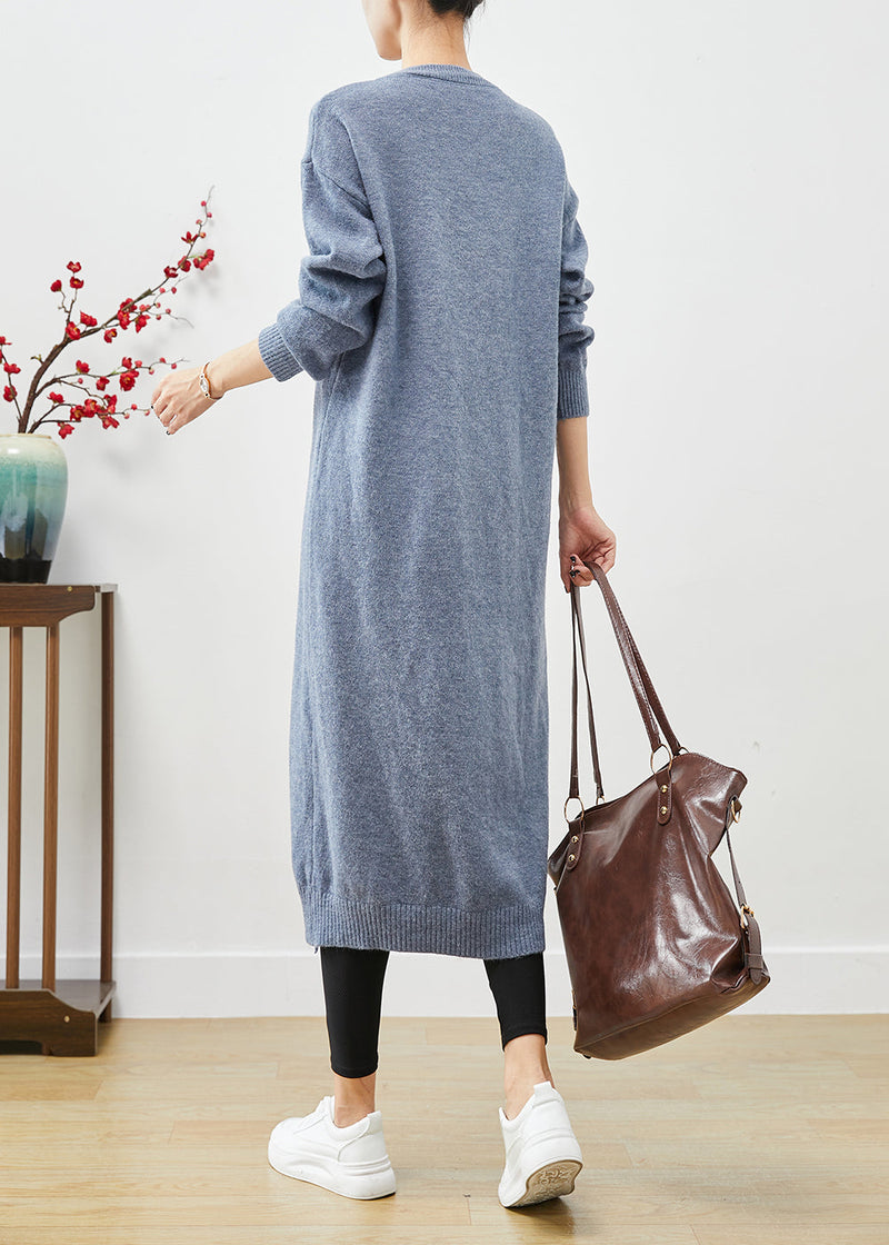 Style Blue Grey O-neck Side Open Knit Long Dress Fall