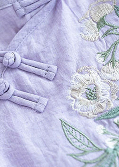 Purple Chinese Style Cotton Blouse Tops Layered Embroideried Three Quarter Sleeve