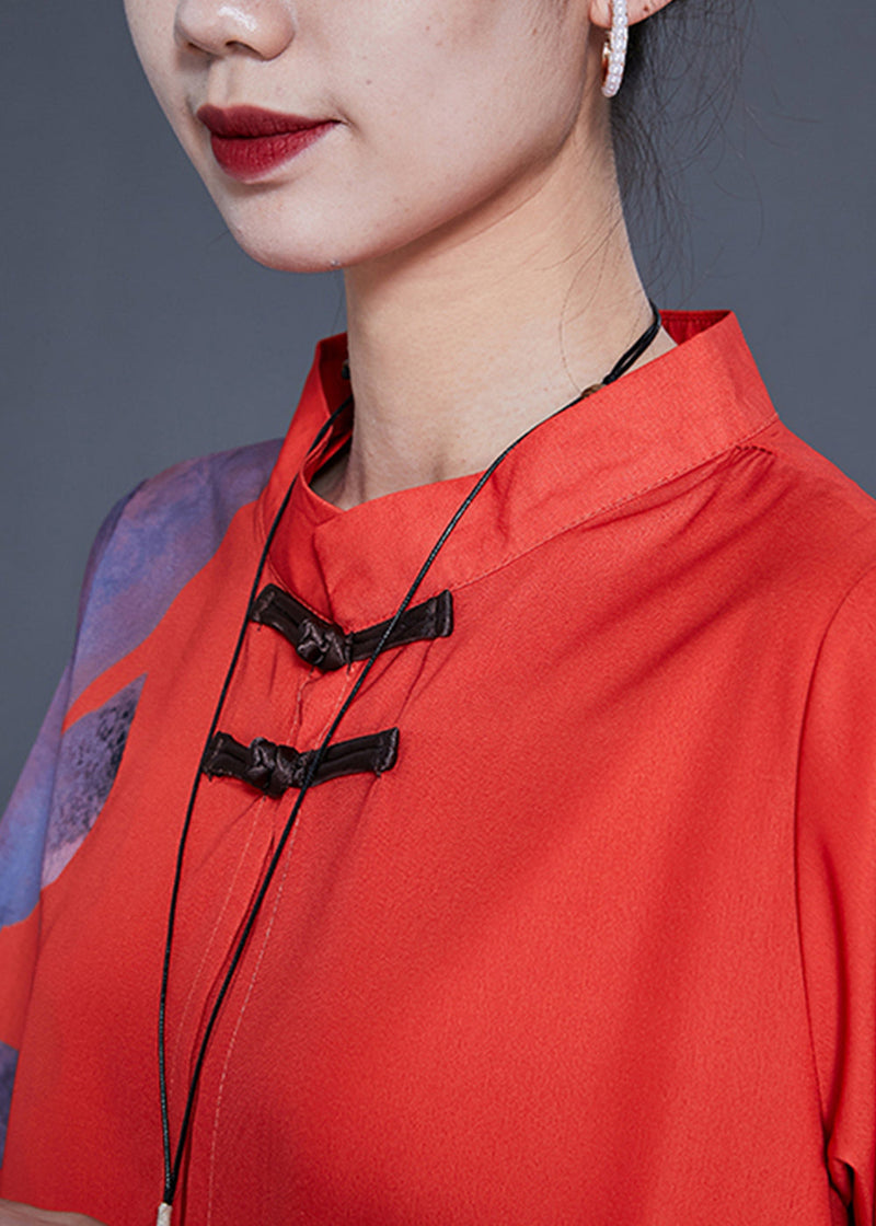 Red Chinese Button Print Silk Two Pieces Set Summer