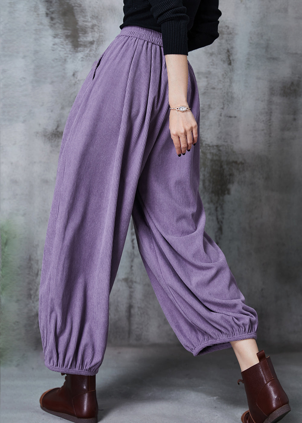 Purple Elastic Waist Corduroy Pants Spring