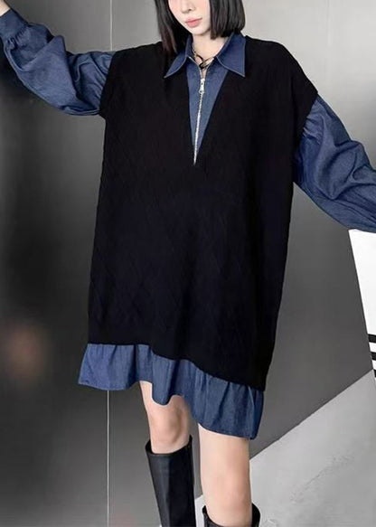 Black Peter Pan Collar Zippered Patchwork Denim Dresses Spring