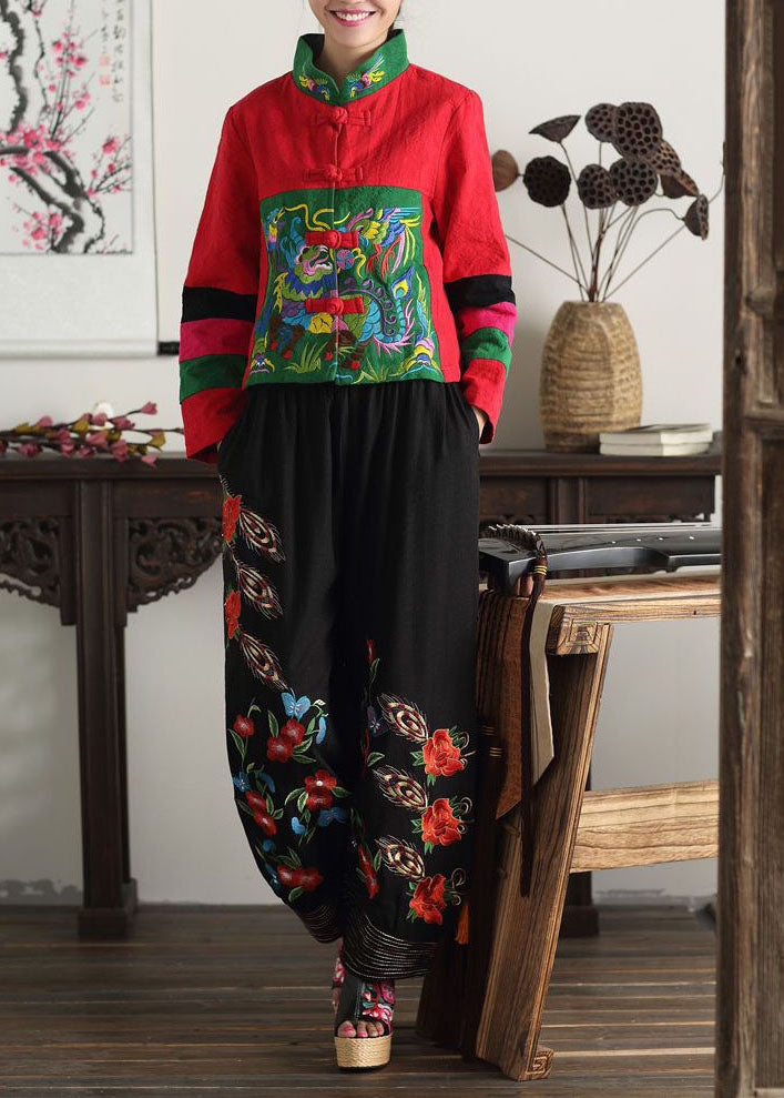 Black Embroideried Elastic Waist Pockets Cotton Lantern Pants Spring