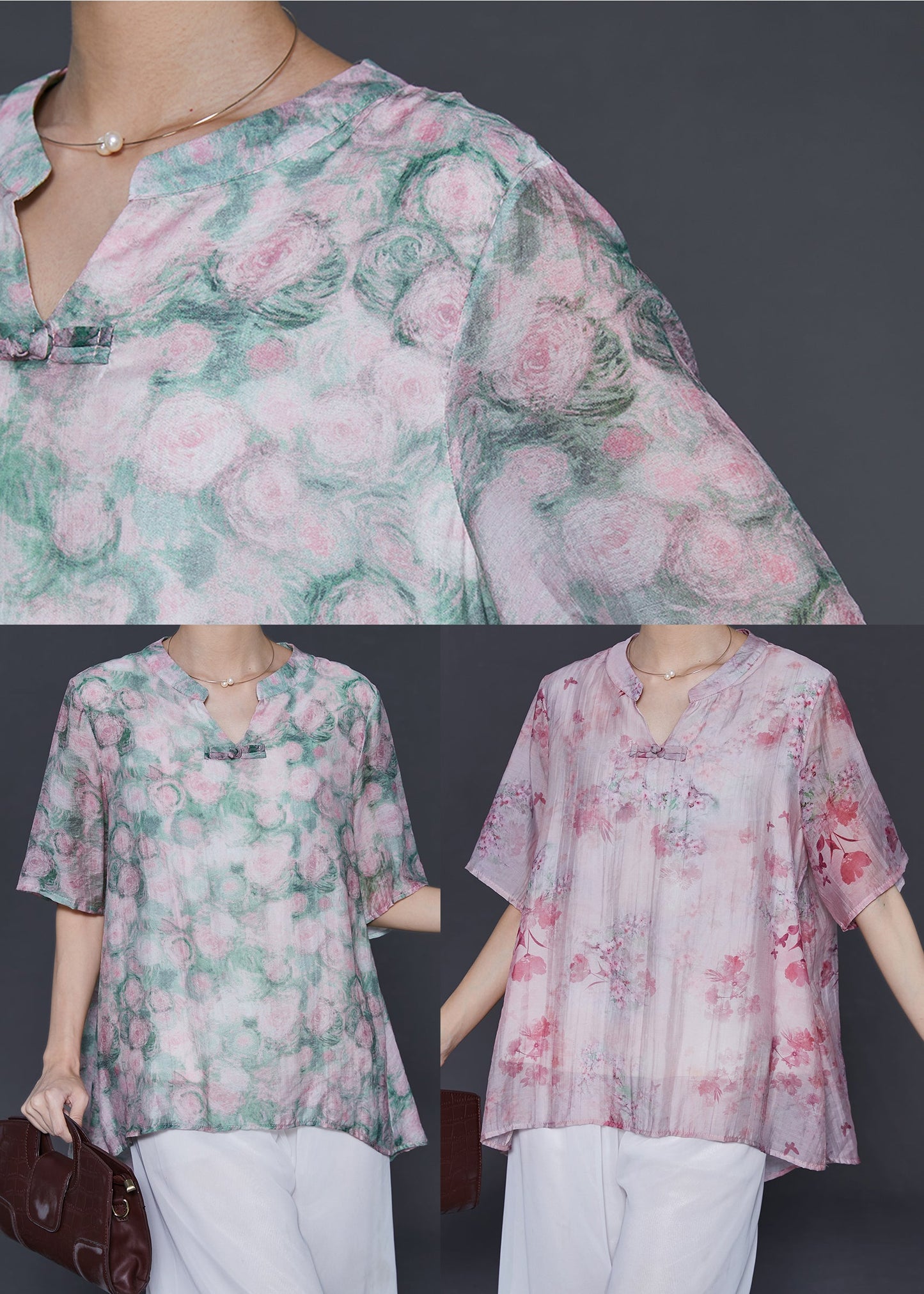 Green Oversized Print Cotton Blouses Summer