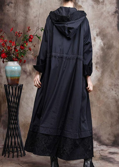 Italian Black Embroidery Coat Hooded Maxi Coats