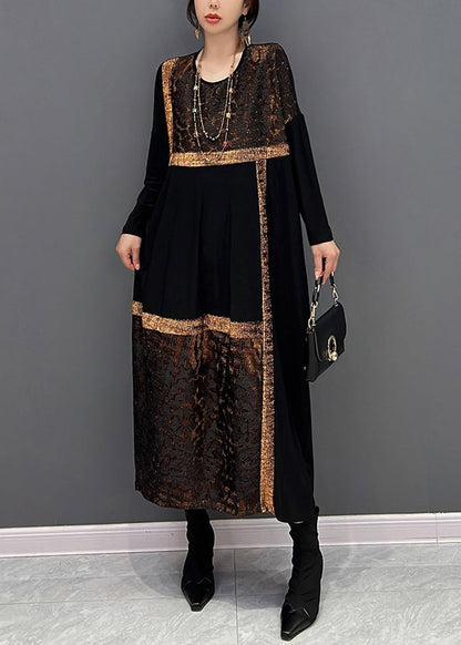 Black O Neck Organza Patchwork Cotton Dress Fall