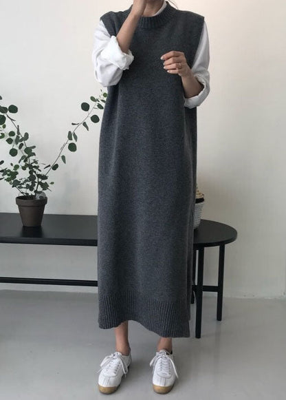 Diy Grey O Neck Patchwork Knit Vest Dress Sleeveless