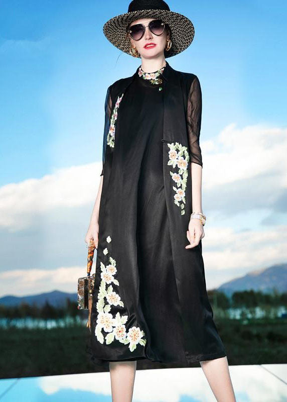 Black Embroideried Patchwork Silk Cardigans Summer