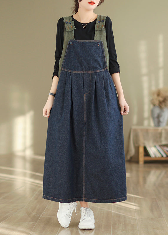 Navy Button Wrinkled Denim Long Dress Sleeveless