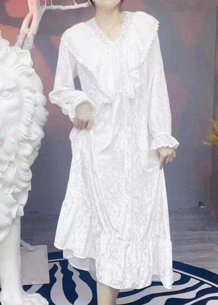Diy White V Neck Lace Patchwork Silk Velour Maxi Dresses Spring