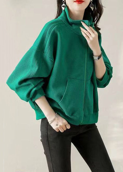 Khaki Zip Up Pockets Patchwork Cotton Coat Fall