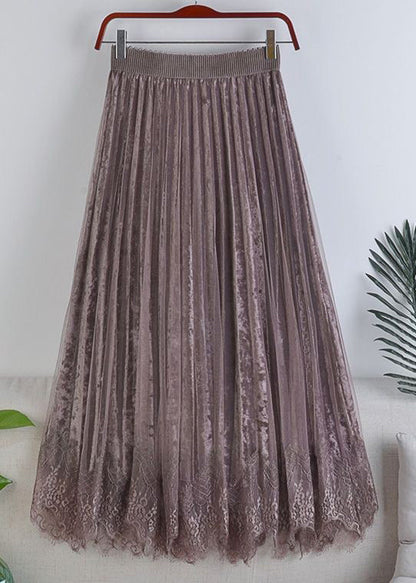Apricot Lace Tulle Patchwork Velour Pleated Skirt Spring