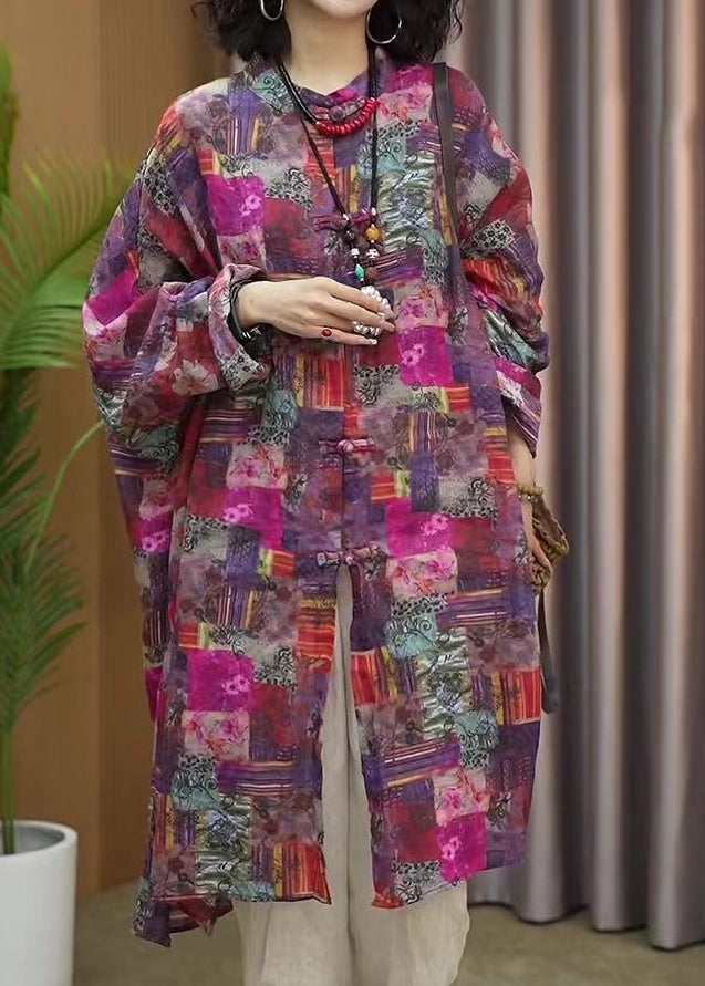 Stand Collar Print Chinese Button Cotton Mid Shirts Long Sleeve