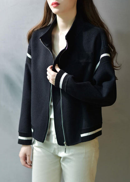 Green Stand Collar Zip Up Patchwork Woolen Coats Fall