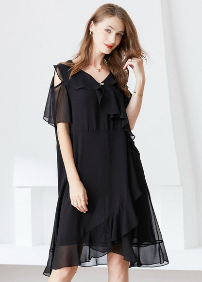 Black Cold Shoulder Ruffles Chiffon Maxi Dresses Summer