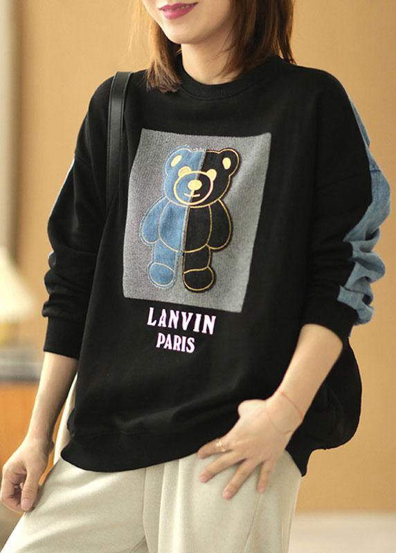 Black Patchwork Denim Print Fall Sweatshirts