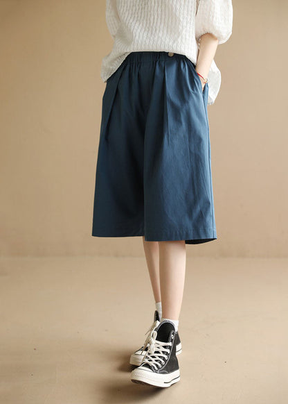 Blue Elastic Waist Pockets Cotton Shorts Summer