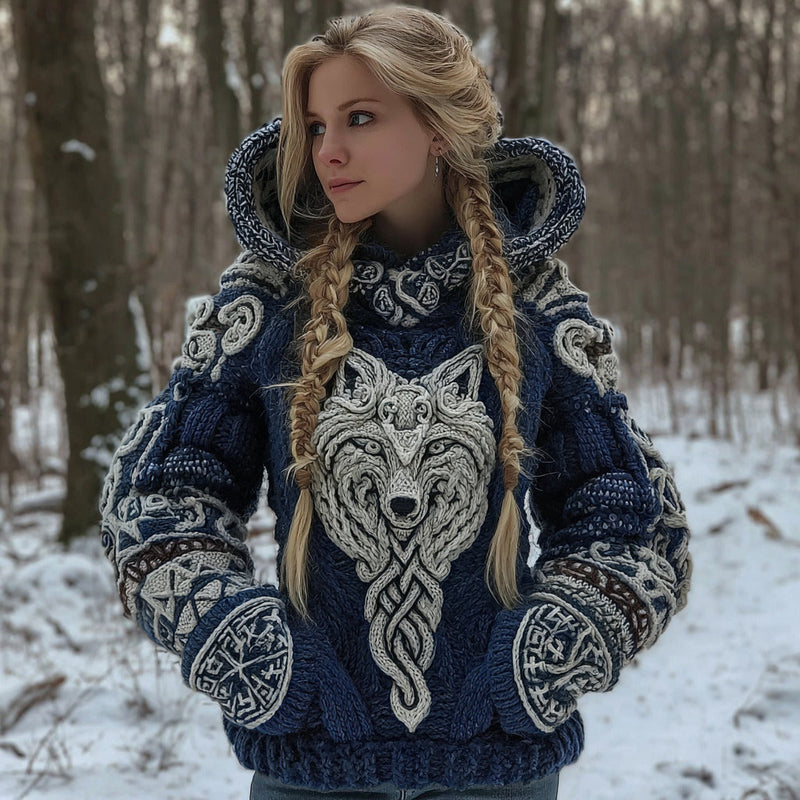 Cotton Blend Hooded Cardigan with Celtic Wolf Motif
