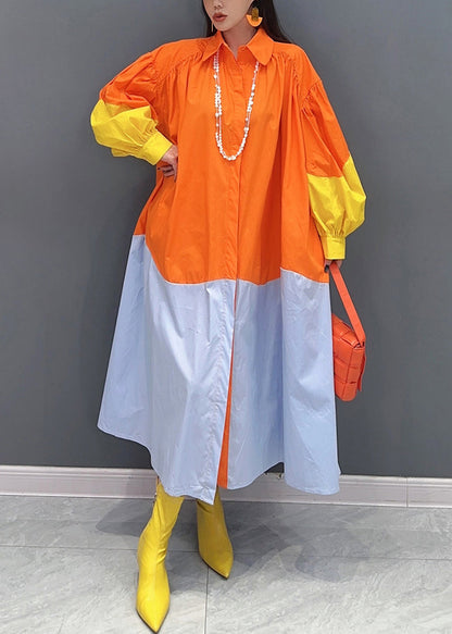 Orange Button Patchwork Cotton Blouses Dresses Long Sleeve