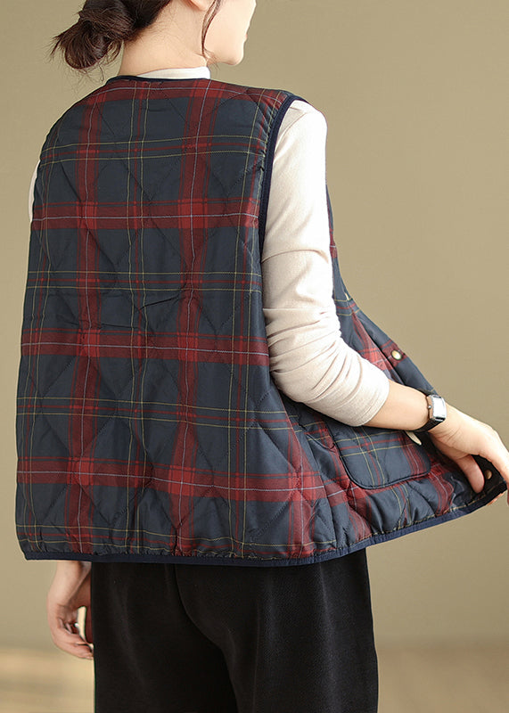 Red Navy Plaid Pockets Patchwork Warm Fleece Vest Sleeveless