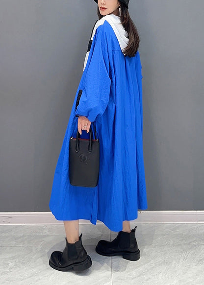 Blue Hooded Pockets Patchwork Long Coat Fall