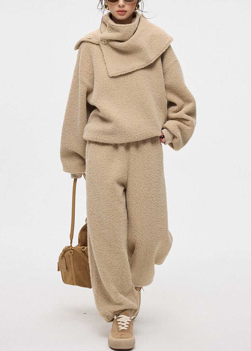 Khaki Button Scarf Sweatshirt and Pants Teddy Faux Fur Three Pieces Set O-neck