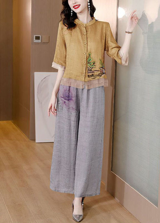 Yellow Embroideried Patchwork Linen Two Pieces Set Summer