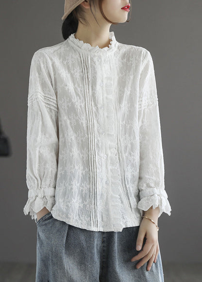 Stylish Apricot Ruffled Button Cotton Blouse Tops Long Sleeve Spring
