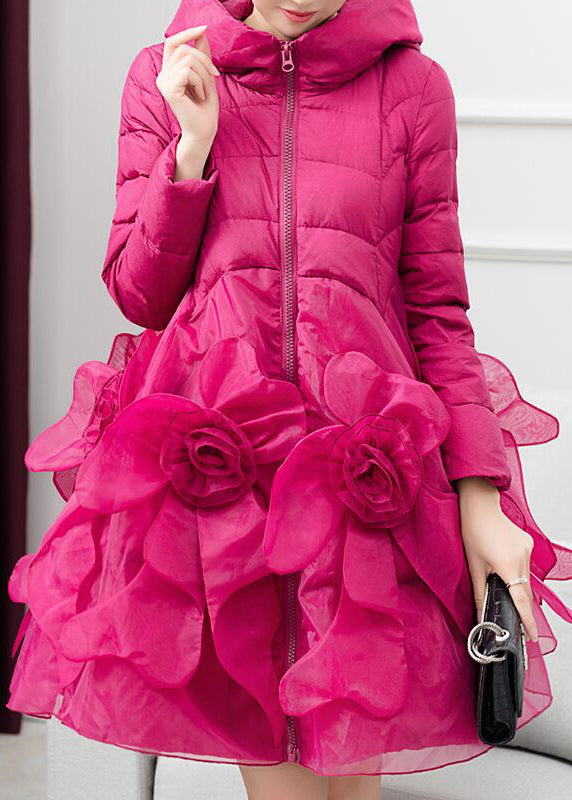 Italian Rose Hooded Pockets Patchwork Duck Down Winter Coats