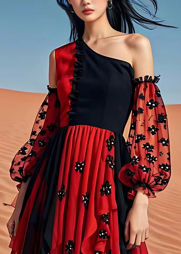 Red Cold Shoulder Print Patchwork Chiffon Maxi Dress Summer