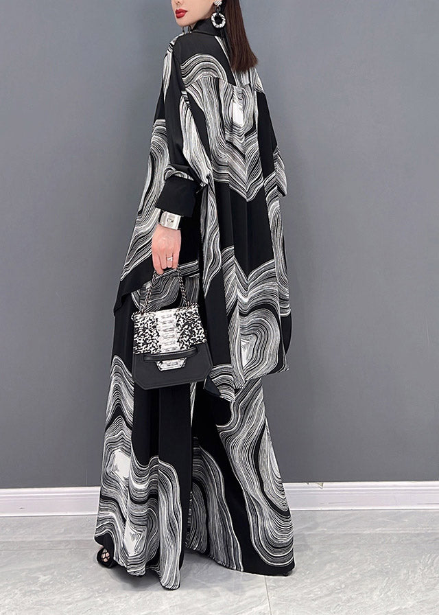 Vogue Peter Pan Collar Print Shirts and Wide Leg Pants Two Piece Set Long Sleeve