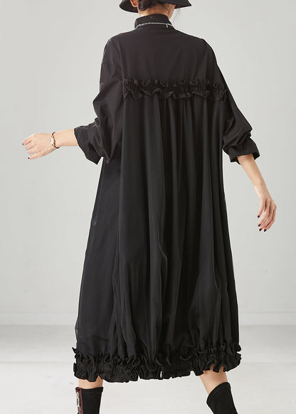 Black Ruffled Patchwork Tulle Cotton Maxi Dress Spring