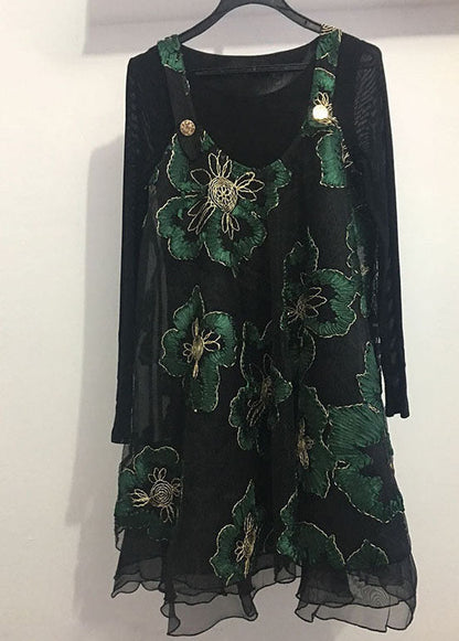 Black Bottomed Shirt + Embroideried Print Dress Fall Two Pieces Set