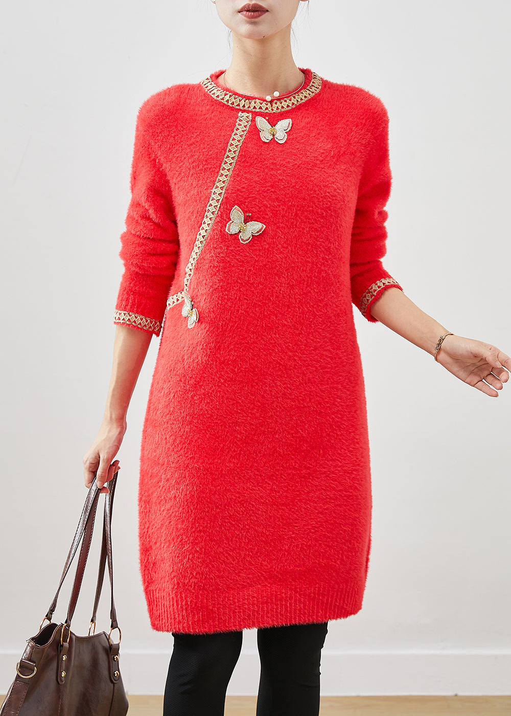 Red Butterfly Knit Sweater Dress Winter