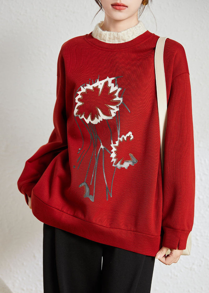 Red Turtleneck Patchwork Print Fake Two Pieces Fleece Sweatshirt Winter
