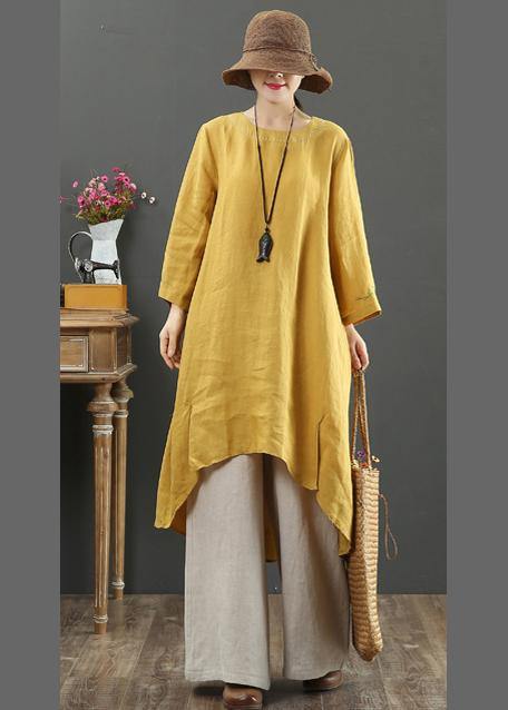 O Neck Low High Design Spring Clothes Shirts Yellow Embroidery Art Dress
