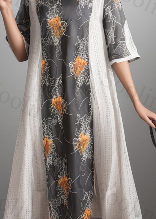 Loose Colorblock O Neck Print Patchwork Silk Dress Summer