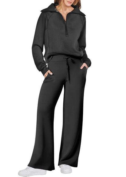 Loose Light Green Zip Up Tops and Wide Leg Pants Cotton Two Pieces Set Spring