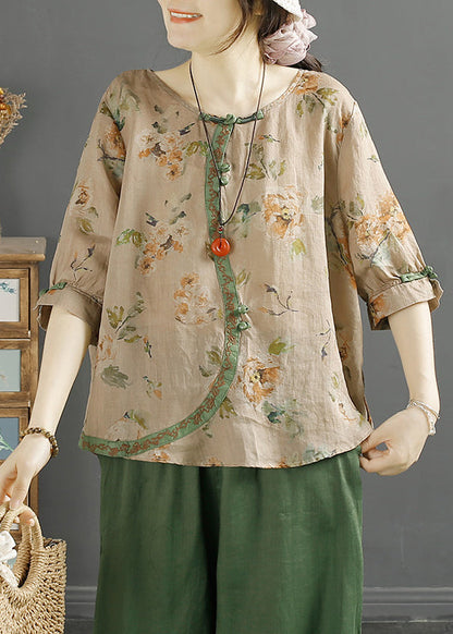 Purple O Neck Print Chinese Button Linen Blouse Tops Half Sleeve