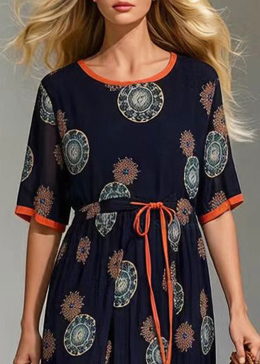 Black Cinched Print Chiffon Long Dress Summer