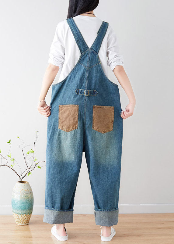 Natural Blue Pockets Patchwork Denim Jumpsuits Spring