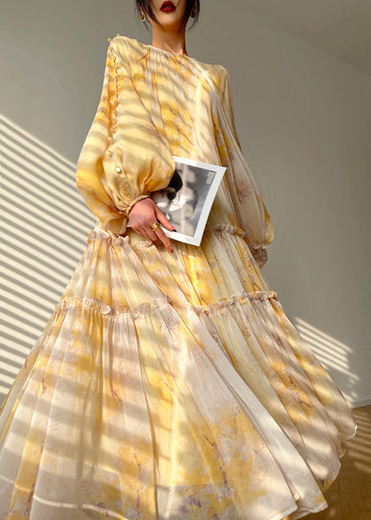 Vogue Yellow O-neck Print Tie Waist Chiffon Maxi Dresses Long Sleeve