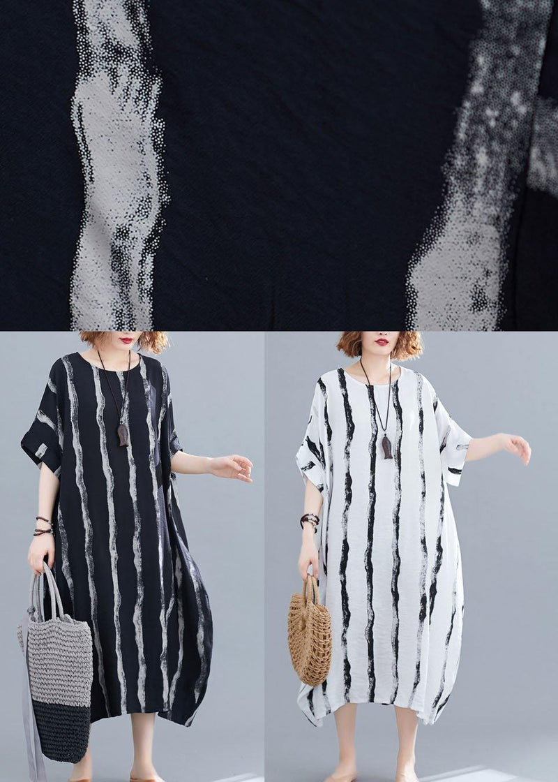 Fitted White O-neck Striped Summer Robe Dresses