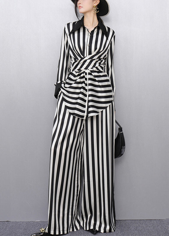 Classy Striped Peter Pan Collar Shirts and Wide Leg Pants Two Pieces Set Puff Sleeve