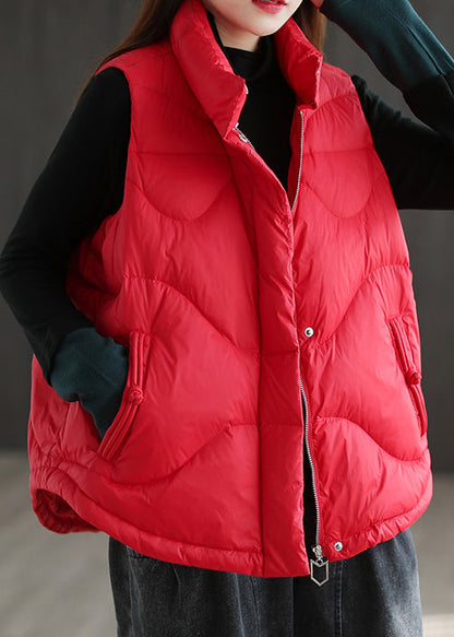 Red Button Pockets Patchwork Duck Down Puffer Waistcoat Zip Up Winter