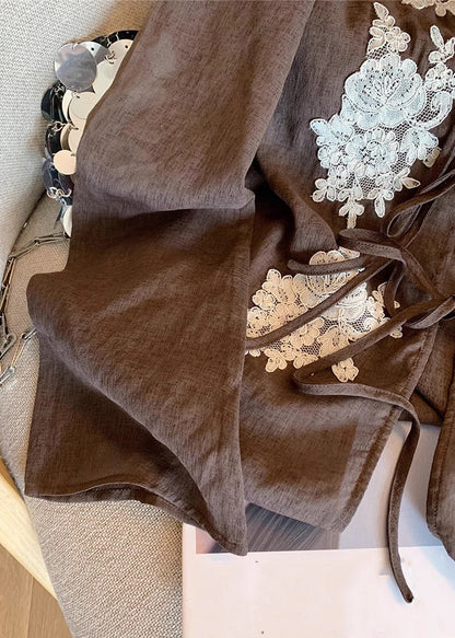 Coffee Lace Embroidered Lace Up Cotton Blouses Fall