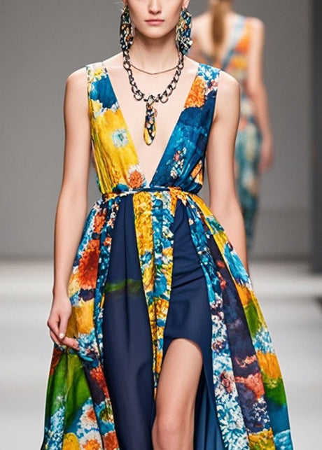 Modern Navy Side Open Patchwork Print Chiffon Dress Sleeveless