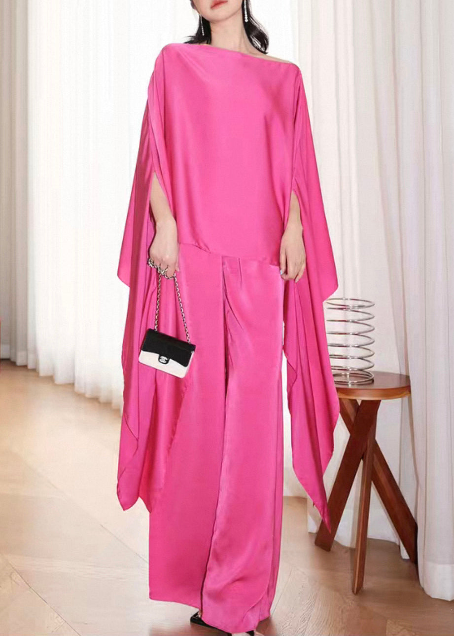 French Rose Asymmetrical Silk Two Pieces Set Batwing Sleeve